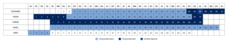 Calendari escola d'esquí temporada Ordino Arcalís